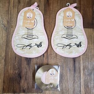 Dolly Parton Pink Guitar Pot Holders & Record Coasters Set